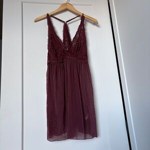 La Vie En Rose DeepBurgundy Sheer Babydoll Nightie Slip Dress Sleepwear Romanti
